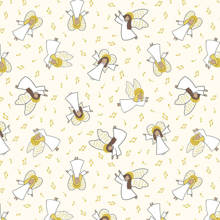Pattern of angel illustrations with music notes on a white background