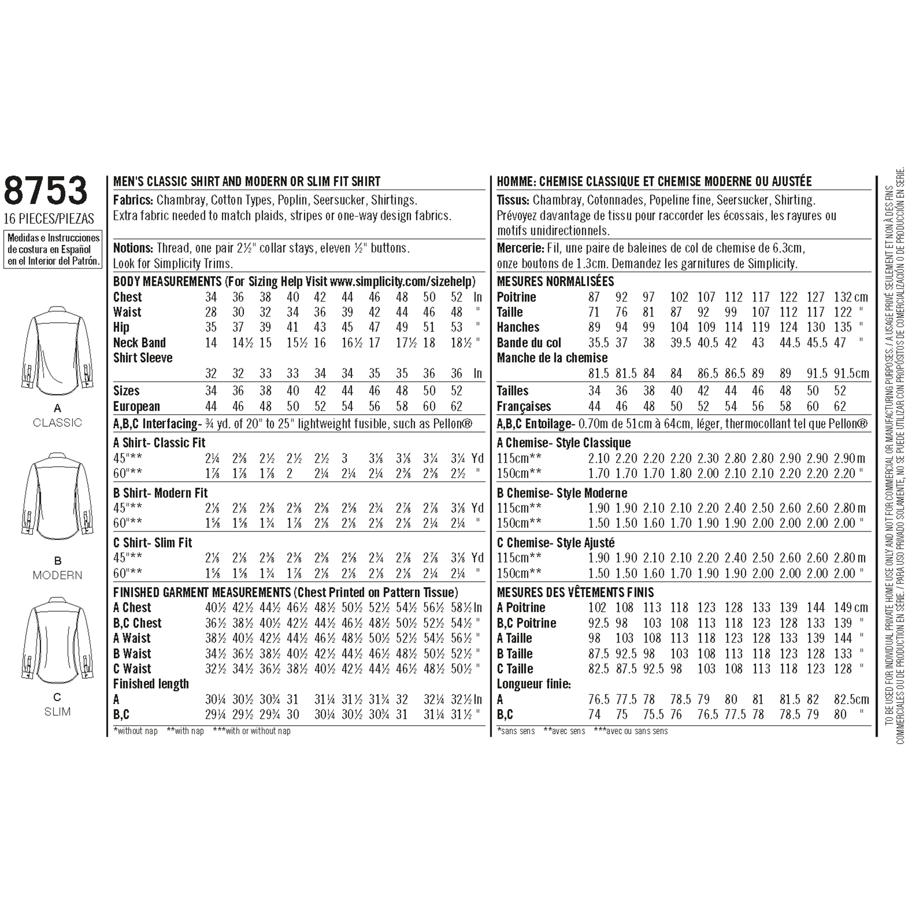 Cartamodello per camicia slim fit da uomo: lino classico (XS-7XL) ( cartamodello - Italia