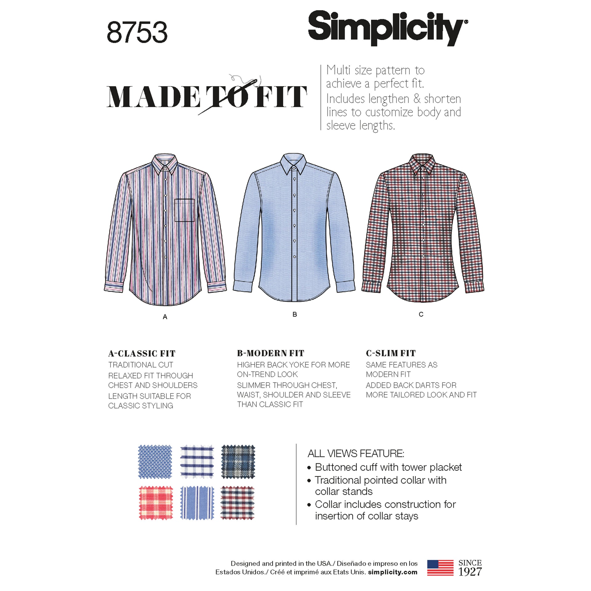 Simplicity 8753 Men's Classic, Modern and Slim Fit Shirt