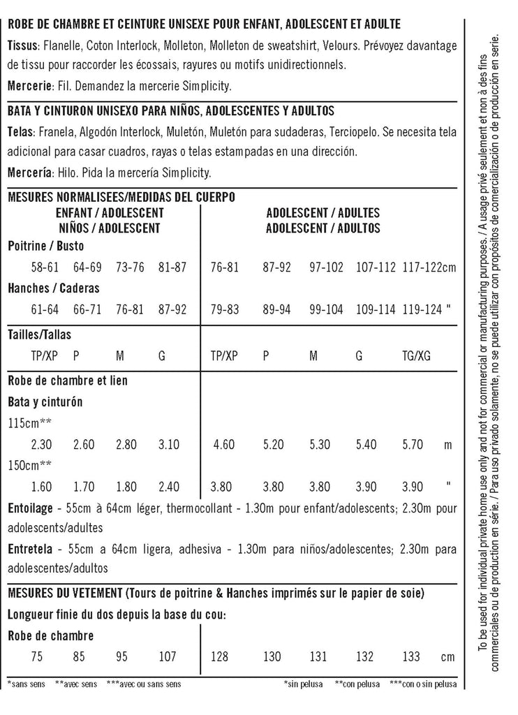 Simplicity 1562 Child's, Teens' and Adults' Robe and Belt Sewing